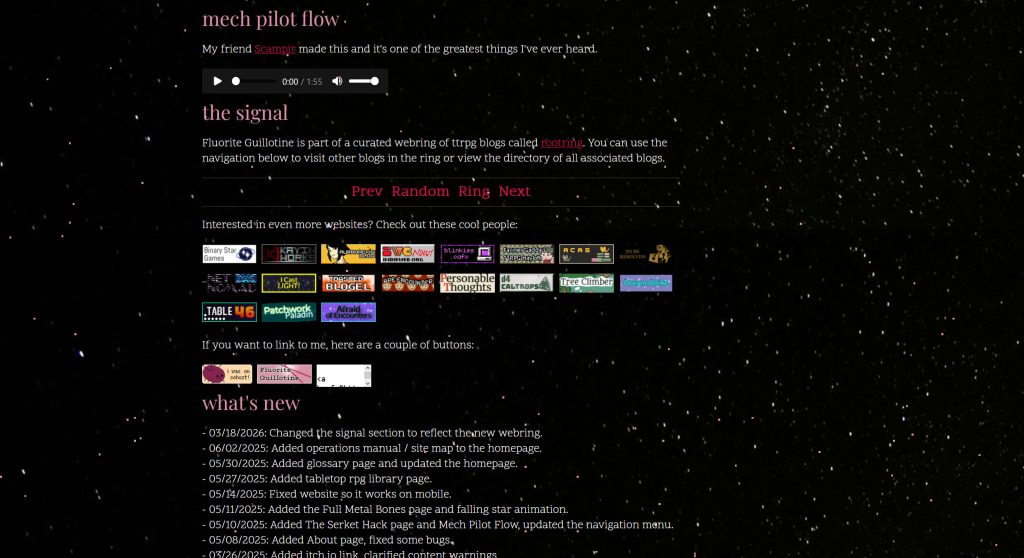 another screenshot of the front page of Fluorite Guillotine showing the badge wall and webring